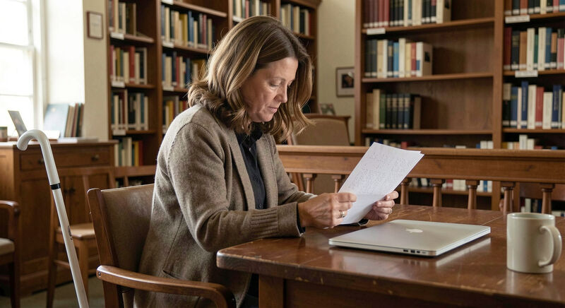 A blind woman reading braille documents beside her laptop in a church library.