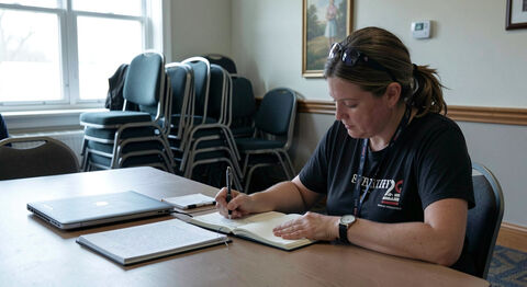 A volunteer writing notes in a notebook beside a laptop in a church meeting room.