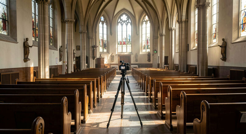 A video camera on a tripod filming an empty church sanctuary from the back before a service.