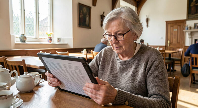 An elderly woman reading large print text on a tablet at a table in a bright church hall.