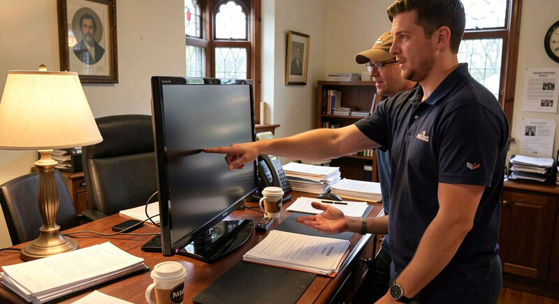 Two volunteers pointing at a large monitor showing two website layouts side by side in a church office.